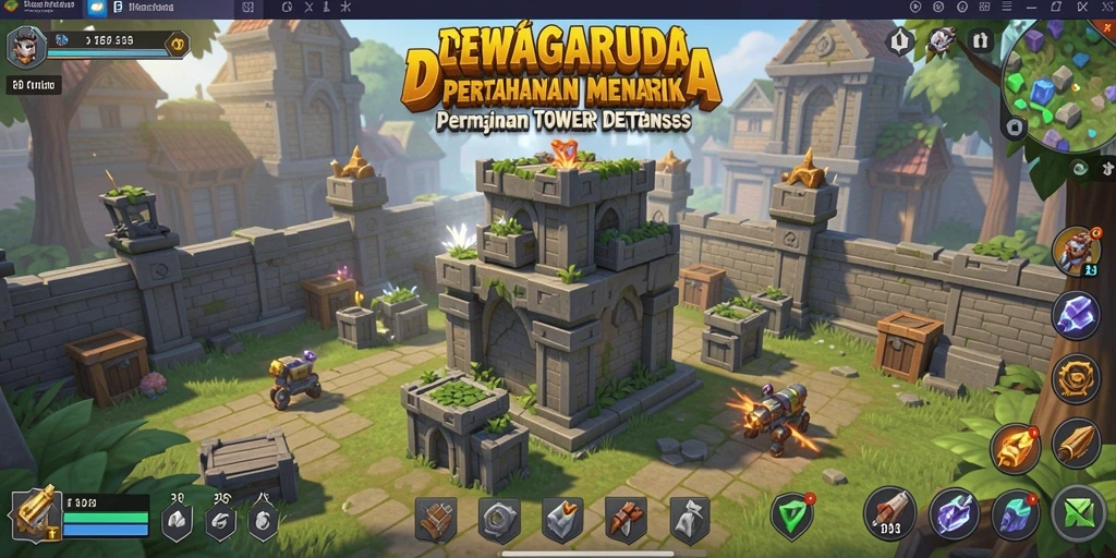Tangkapan layar gameplay DEWAGARUDA menampilkan pertarungan seru dalam game Tower Defense.
