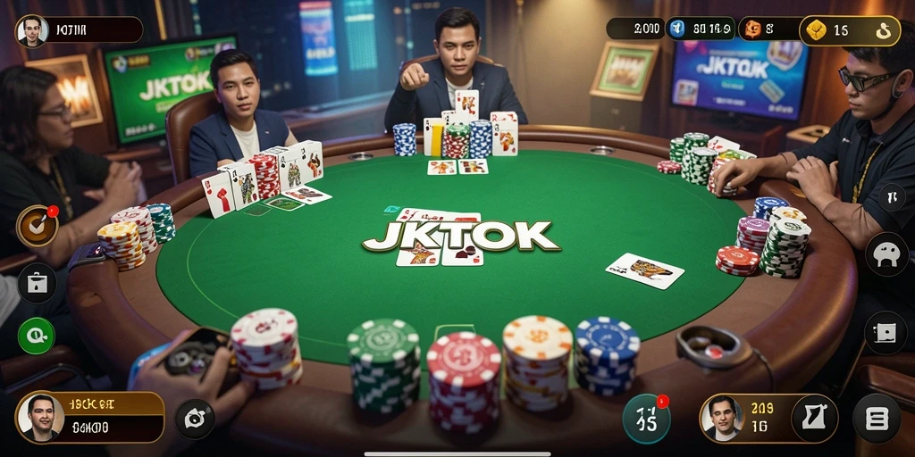Tampilan layar gameplay JKTOK yang menunjukkan keseruan bermain poker.