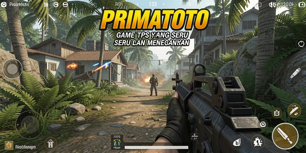 Screenshot utama gameplay seru PRIMATOTO yang menggambarkan aksi TPS.