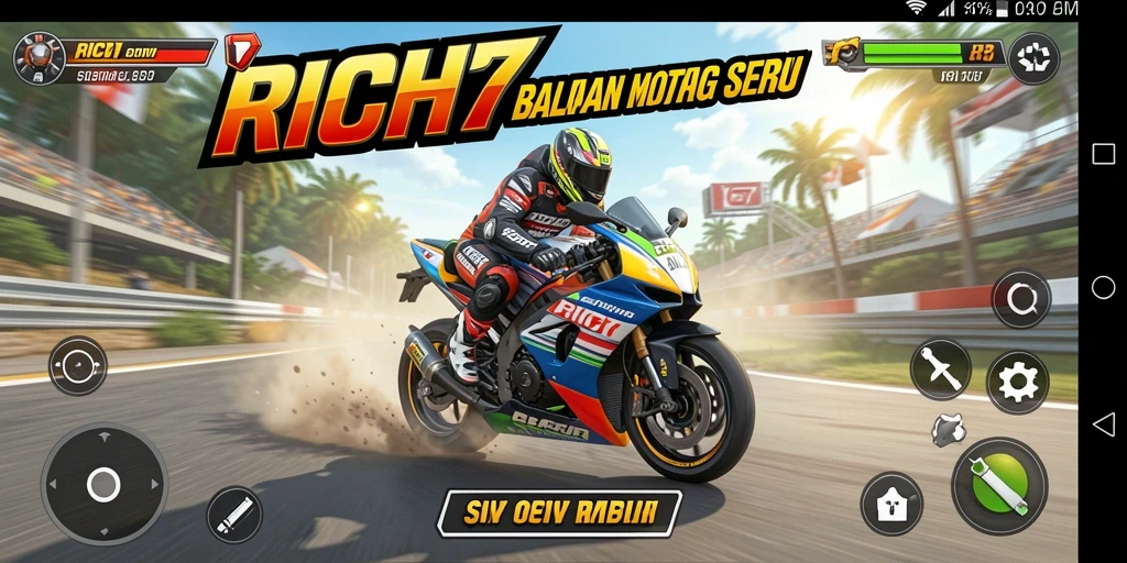 Gameplay RICH7 menampilkan balapan motor yang berlangsung cepat dan seru.